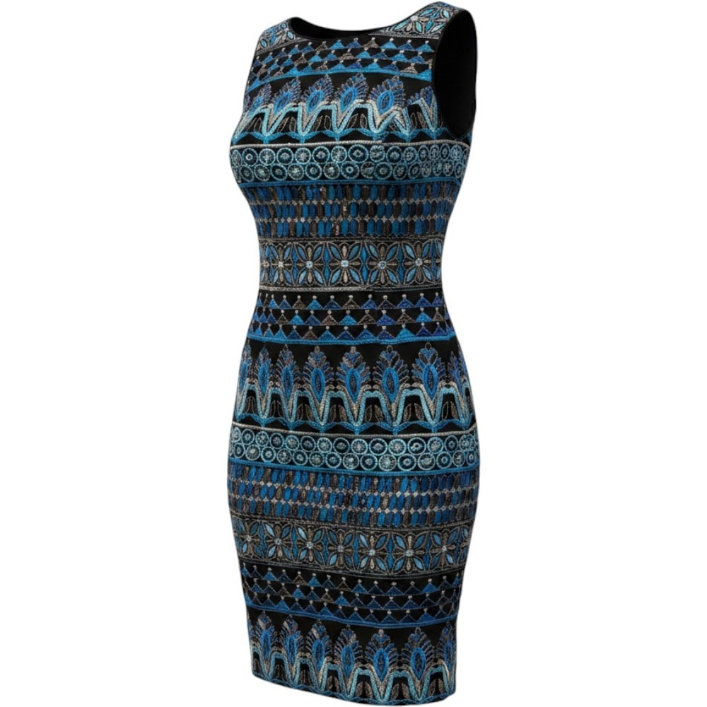 White House Black Market Blue Gold Metallic Embroidered Sheath Dress Size 0